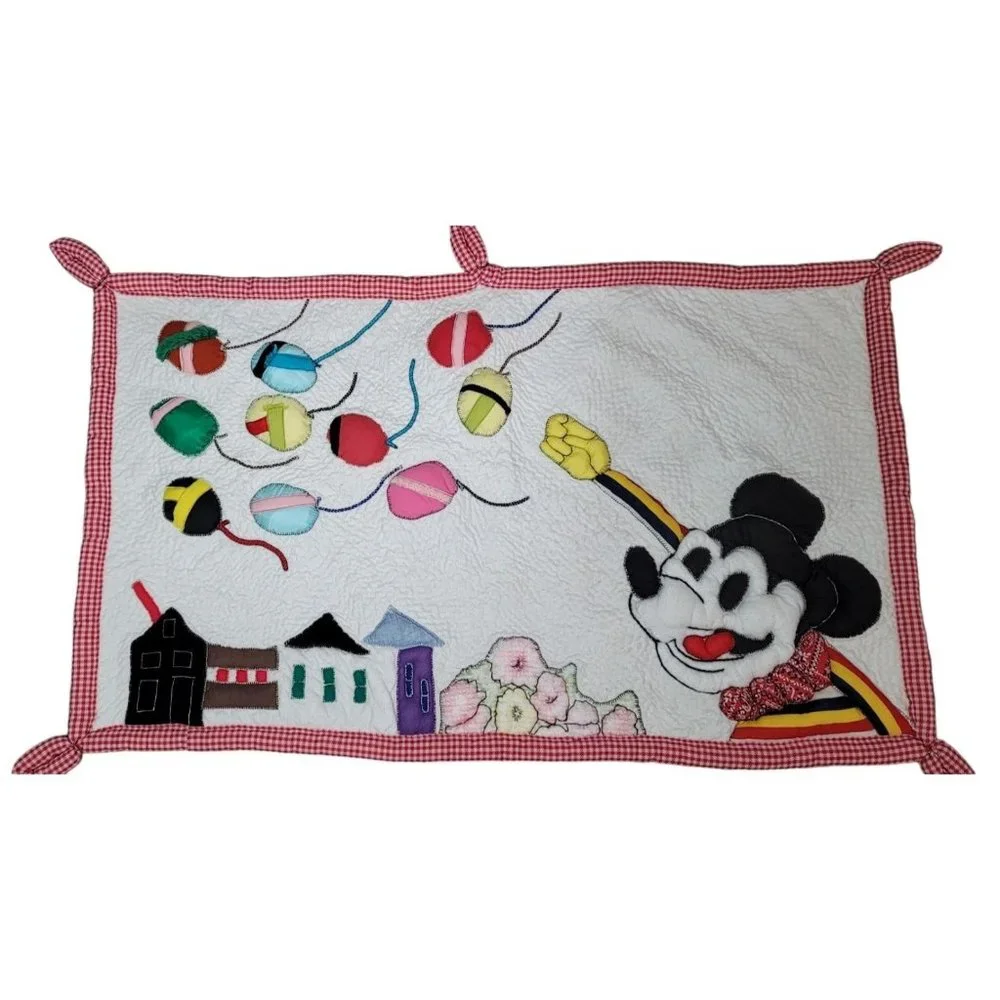 Disney hand made quilted mickey mouse wall tapestry fabric art vintage balloons